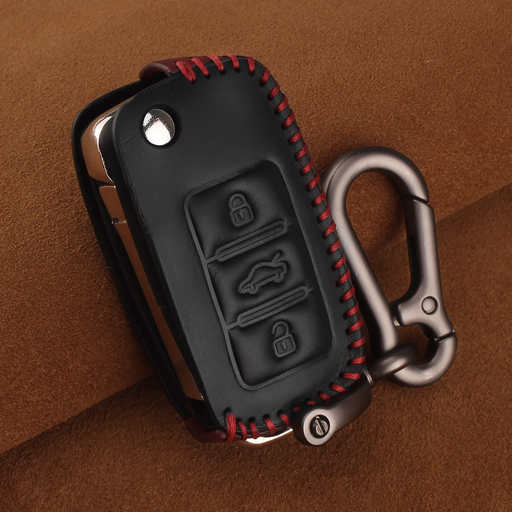 KEYYOU Leather Car Key Case Remote Key Cover For VW Volkswagen Amarok Polo Golf MK4 Bora Jetta Altea Alhambra Fob Key: 3Button Black