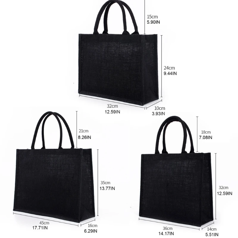 Black Jute Tote Bags Mulheres Bolsa compras Bolsa Bolsa com alça macia Dama dama noiva Favorias presentes