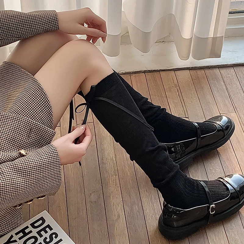 Lolita Long Socks Women Bandage Ribbon Bow Sweet Girls Kawaii Cute Middle Tube Socks Ballet Style Solid Color Black White Socks: Brown