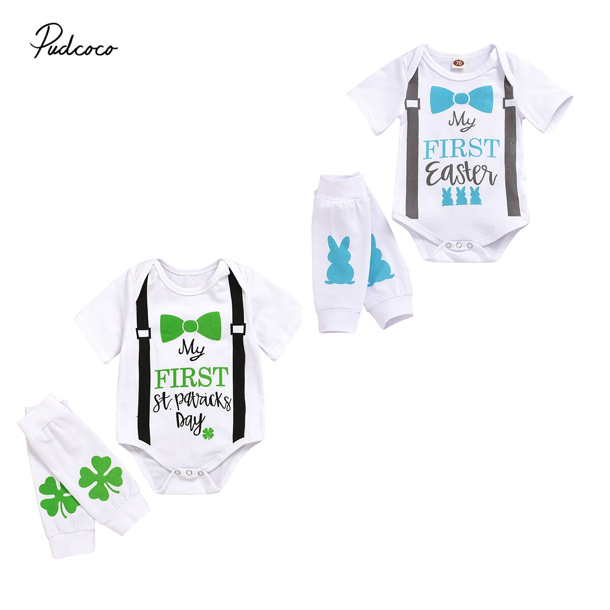 Baby sommarkläder nyfödd pojke flicka unisex bomull jumpsuit kortärmad klöver bodysuit påskkläder set soldräkt