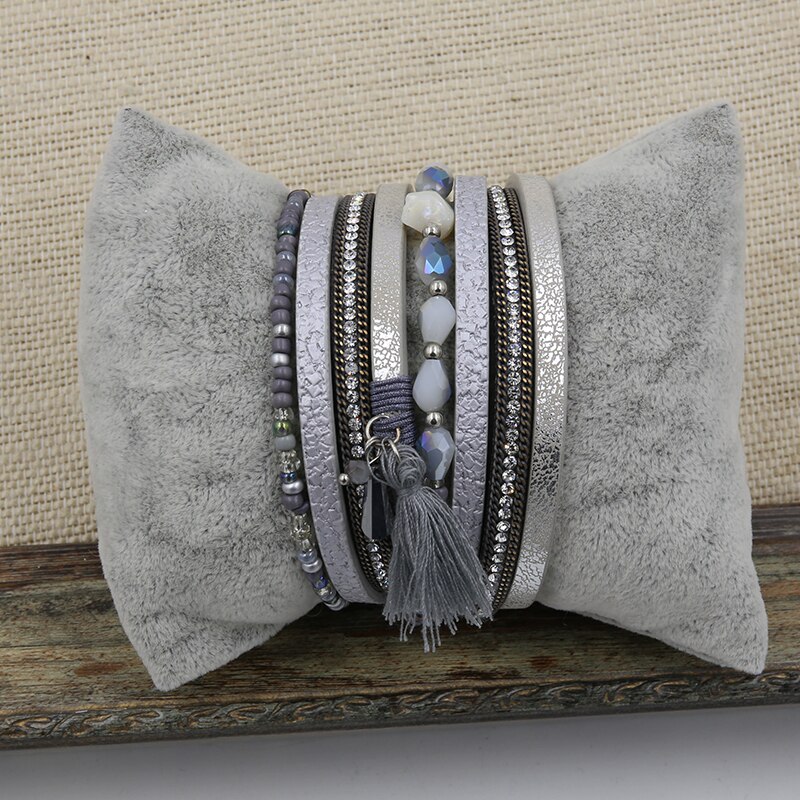 Armband PU Lederen Armbanden &amp; Armbanden Voor Vrouwen Pulseira Kristal Set Kralen Onregelmatige Parel Stof Kwastje Wrap Pols Band Grey