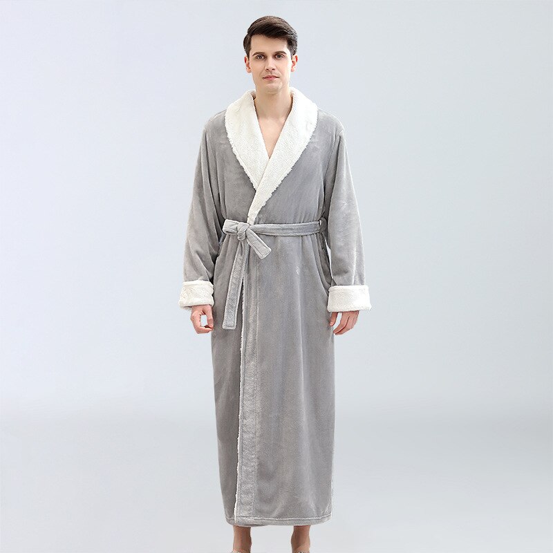 180 Herfst Winter Nachthemd Mannen Toevallige Coral Fleece Nachtkleding Warm Paar Homewear Flanel Riem Pyjama Kimono Badjas Gown: light gray / Xl
