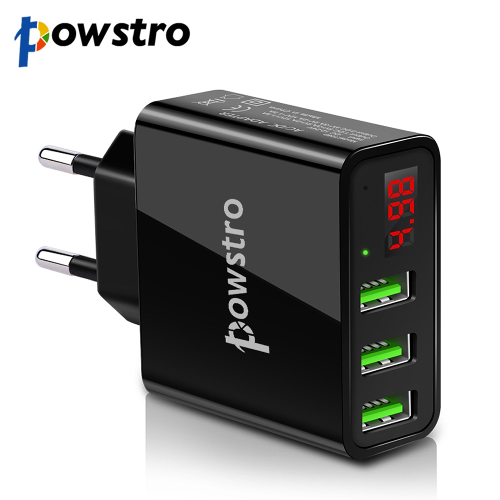 Powstro 5v 3a 3 usb-reislader eu-stekker lcd-scherm, intelligent digitaal display, universele wandadapter, spanning en stroom voor mobiele telefoon