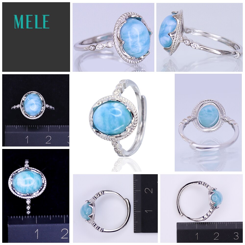 Haiwen Stone Ring Larimar Cute Personality Adjustable Geometry Round Ring Fine Jewelry For Women Party