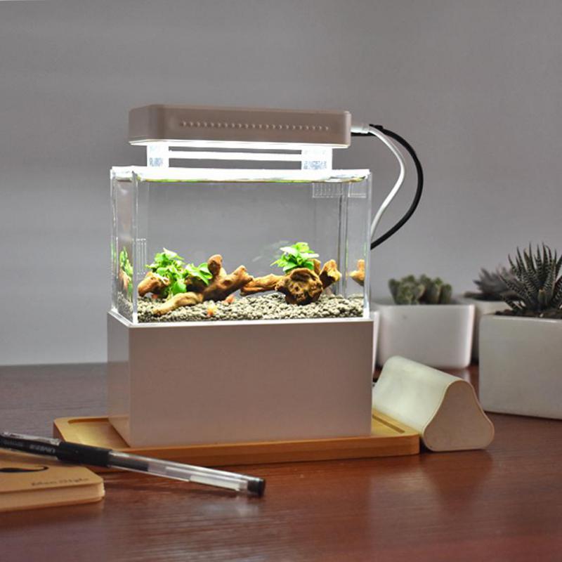 Mini Plastic Fish Tank Portable Desktop Aquarium Fish Bowl with Water Filtration LED & Quiet Air Pump for Decor