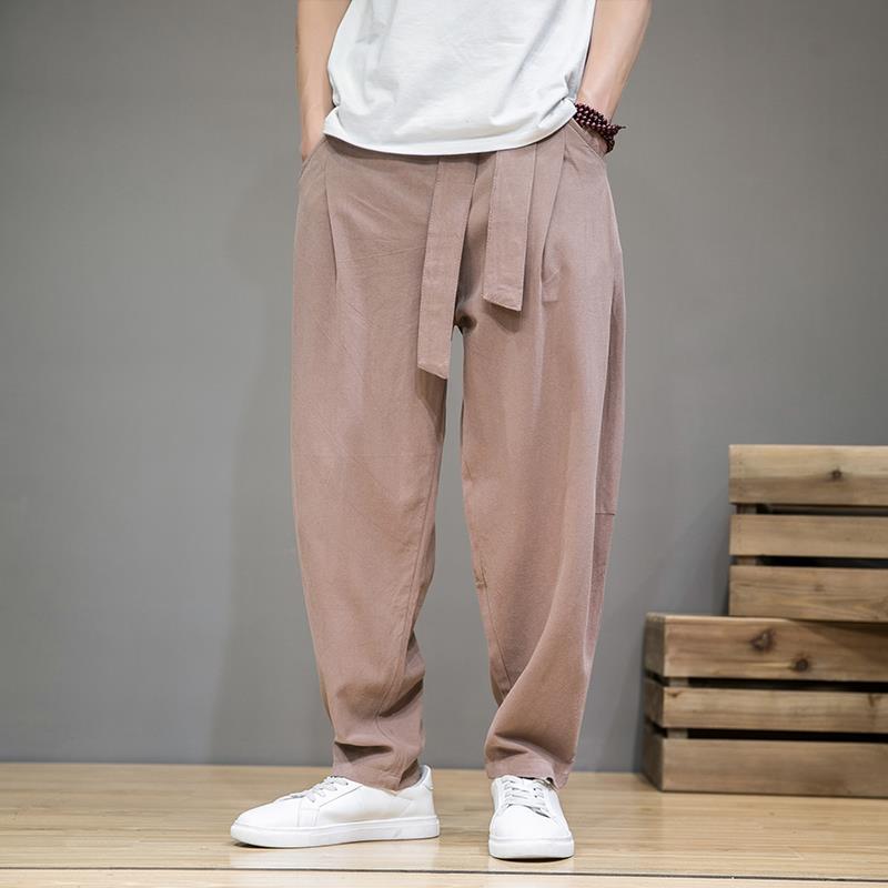 Pantalones rectos de Color sólido de estilo chino para primavera y verano, pantalones Haren cómodos con cintura elástica y bolsillos Vintage de algodón y cáñamo: L / Champán