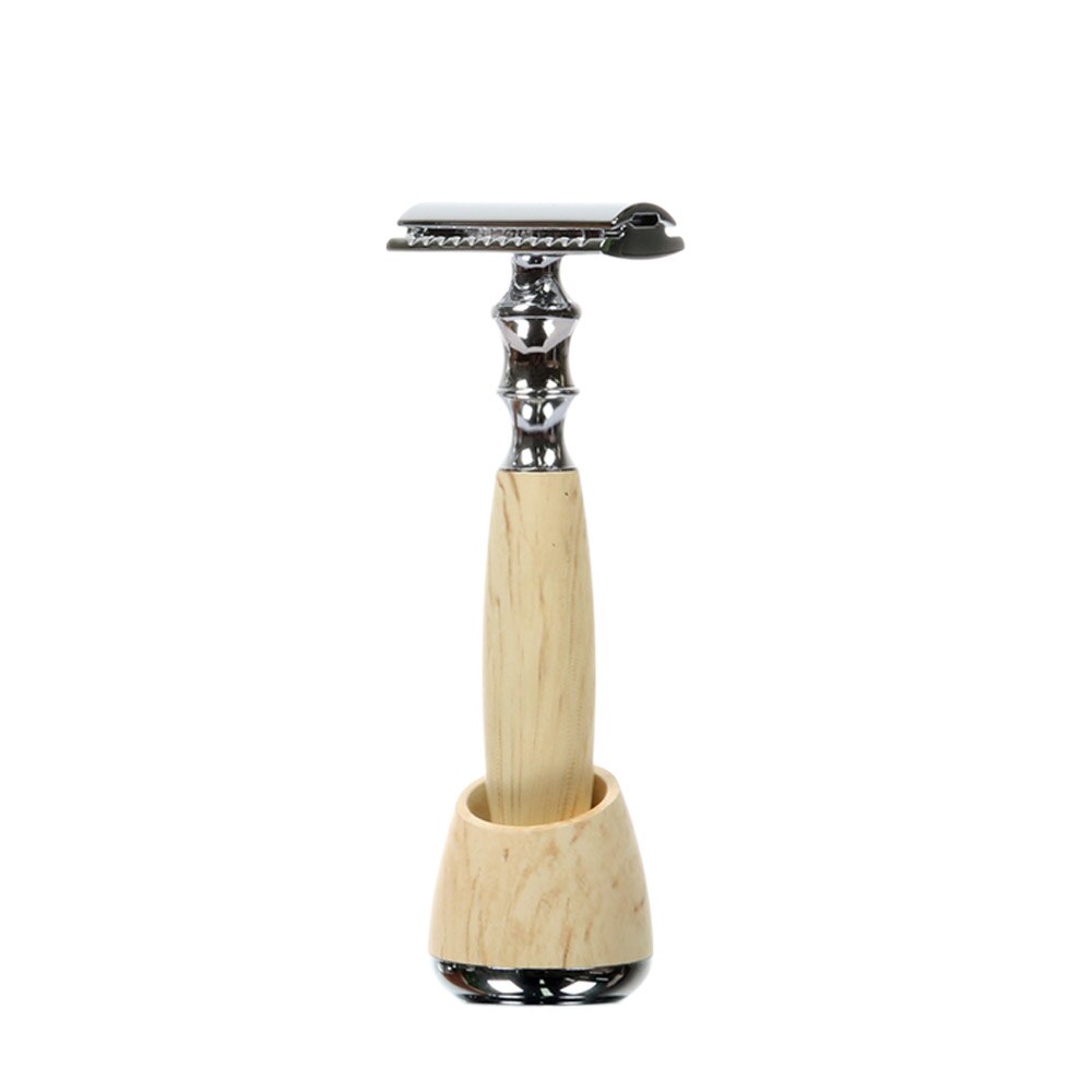 Razor Shaving Kit Double Edge Safety Razor with Stand Aluminum Alloy Handle Manual Beard / Mustache Removal Tool Kit: Natural Wood