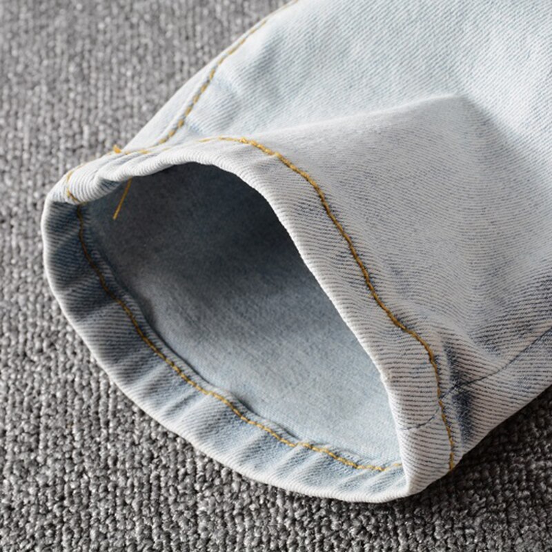 Mens Summer Jeans Men's Bear Embroidery Patchwork Hip Hop Light Blue Jeans Streetwear Holes Ripped Stretch Denim Skinny Jeans