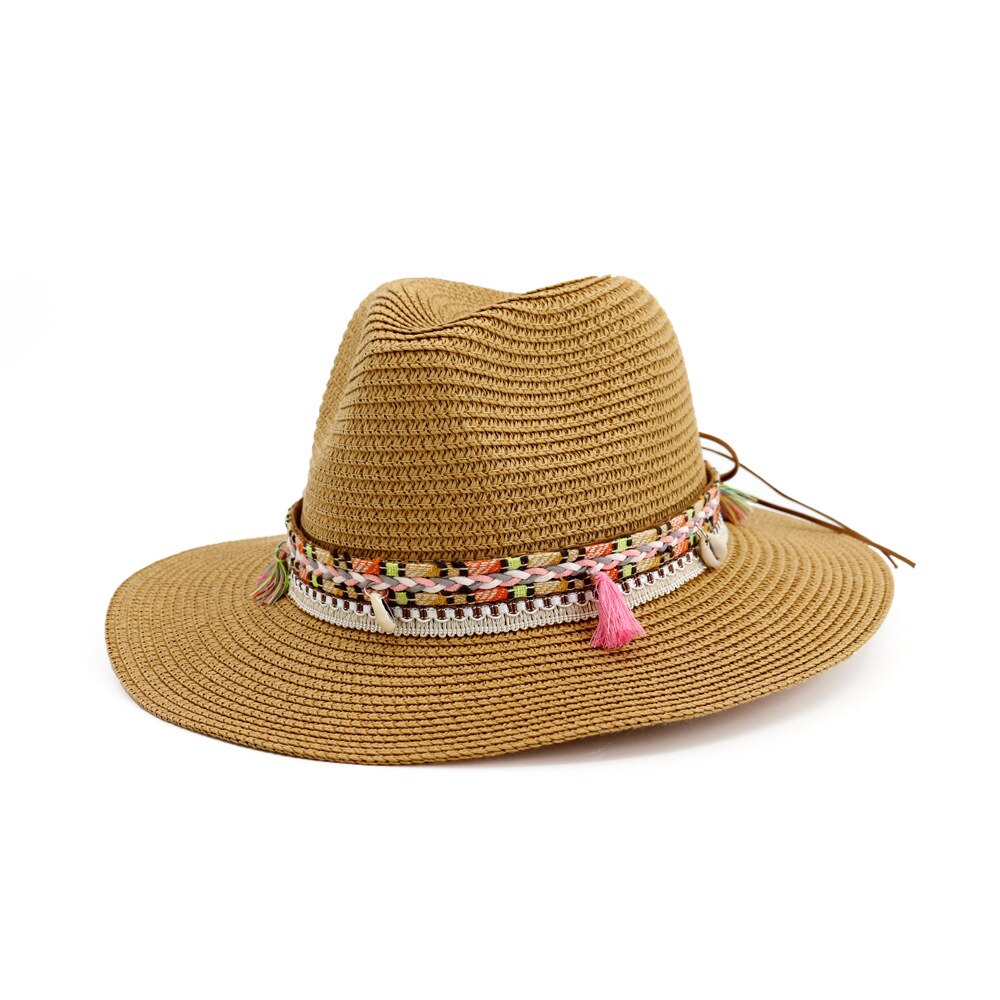 Hoaree strå solhatt vit panama hatt strand dam sommar kepsar sombrero kvinnlig fedora casual dam chapeau: Kaki