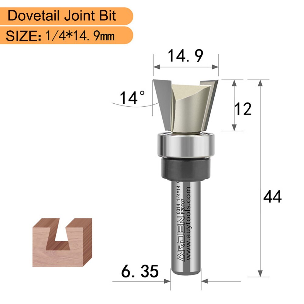 TIDEWAY Tungsten Carbide Steel Dovetail Router Bits Bearing Dovetail Groove Tenon Woodworking Milling Cutter 1/4 Inch Shank: 6.35x14.9x12