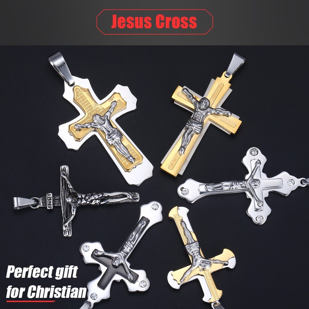 Trendsmax Men's Jesus Cross Pendant Stainless Steel Charms Gold Silver Color Male Jewelry KPP3