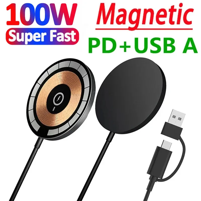 Cargador inalámbrico magnético de 100W, almohadilla de carga rápida tipo C para iPhone 15, 14, 13, 12 Pro Max, Mini