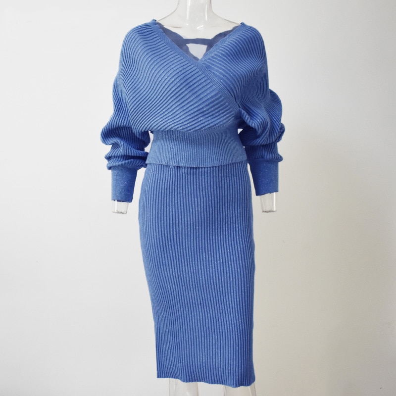 V-neck Knitting Sweater Women Set 2 Piece Pullovers Skirt Outfits For Women Suit Casual Shoulder Off Top Pack Hip Women Set