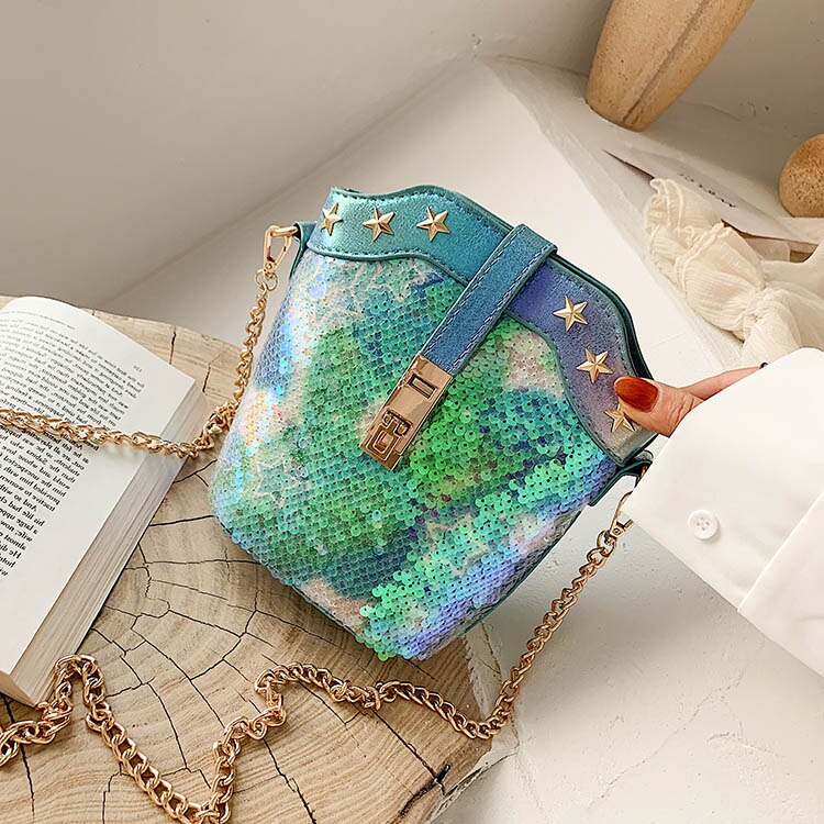 Kleurrijke pailletten ronde witte en blauwe nieuwe dames schoudertas met ketting, handtassen en portemonnees, crossbody mini tas voor dames, bosla tote bag: Blauw b
