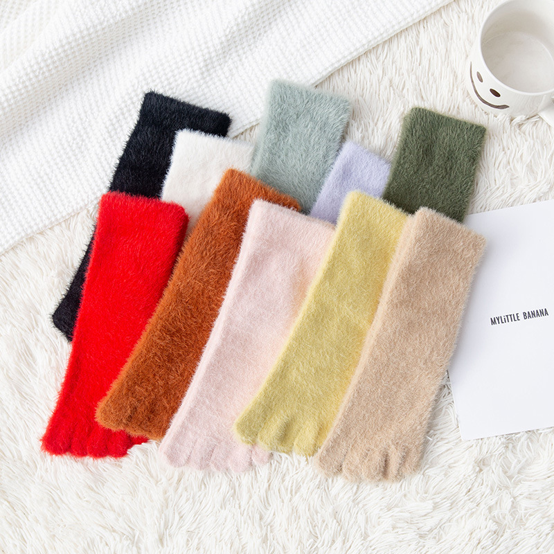 Mulheres meninas grossas cinco dedos meias inverno quente colorido coral velo fofo toe meias macio cozy hosiery chinelos de assoalho feminino