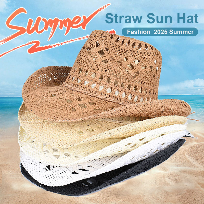 Sombrero de vaquero occidental para mujer y hombre, gorra de sol de playa de verano , sombreros vaqueros de vaquera, sombrero de paja, sombrero de vaquero Vintage blanco y negro para mujer