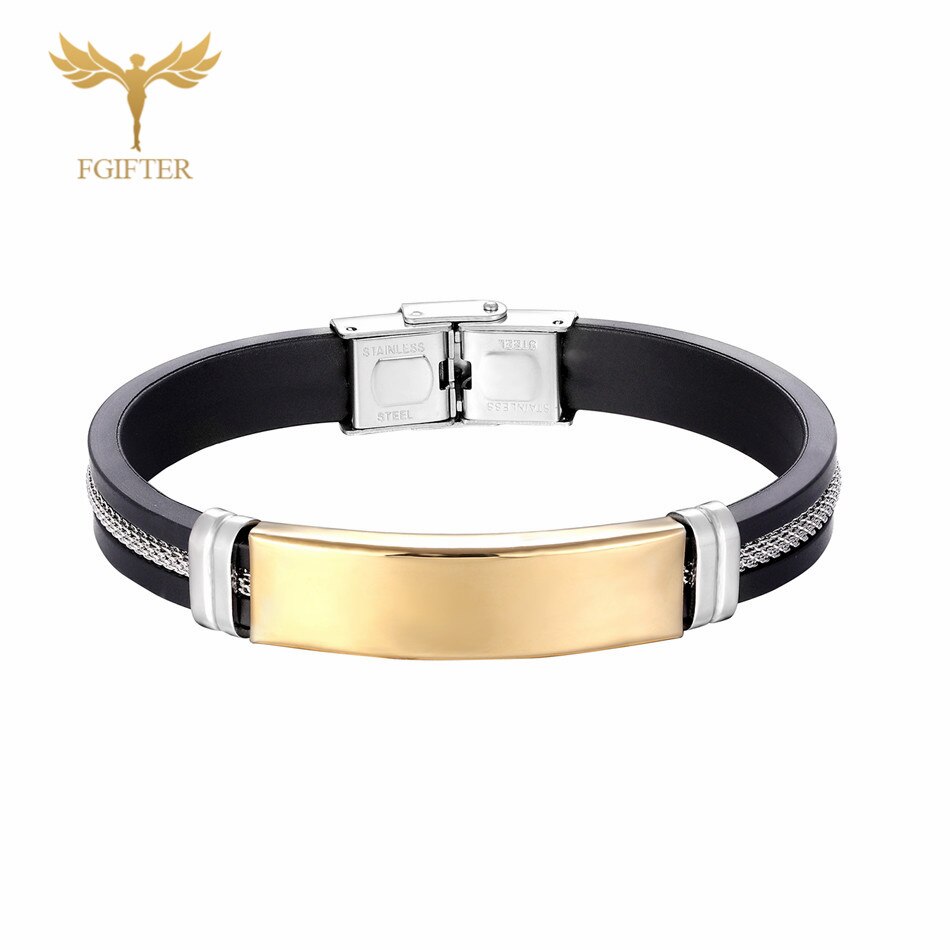 Nova Moda Homens de Aço Inoxidável Pulseira Do Punk preto de Borracha de Silicone Pulseiras Pulseiras com Cadeia pulseras hombre caucho: Gold Steel Bracelet / 17cm