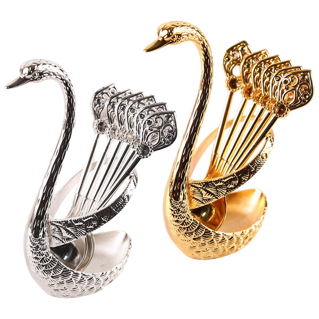Stainless Steel Dinnerware Set Decorative Swan Base Holder with 6 Spoons for Coffee Fruit Dessert Stirring Mixing
