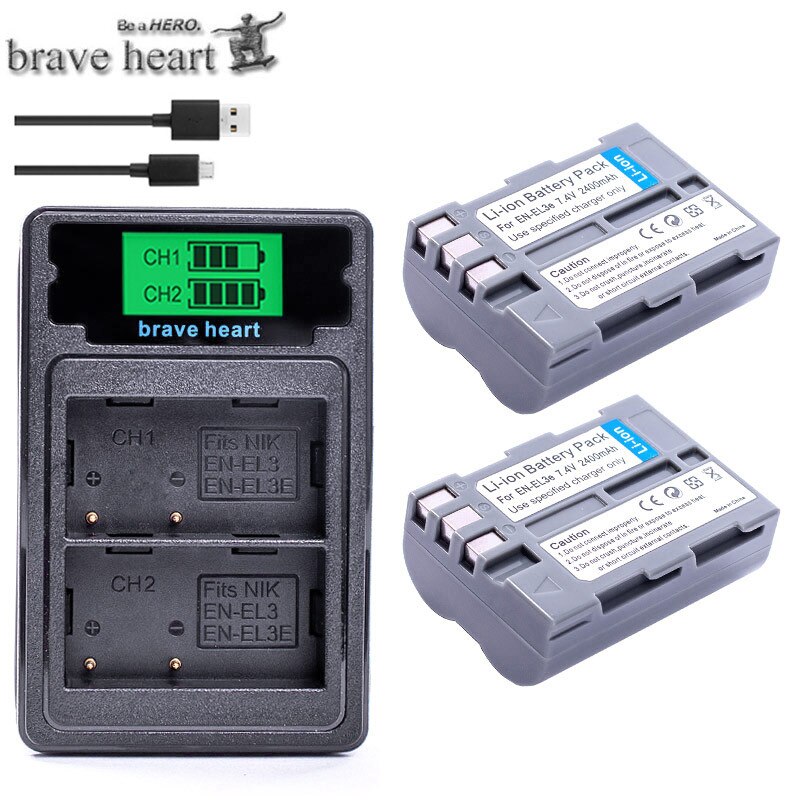 En -el3e en  el3e enel 3e 2400 mah kamera bateria batterier akku + lcd usb-lader til nikon  d30 d50 d70 d70s d90 d80 d100 d200 d300: Lader og 2 batterier