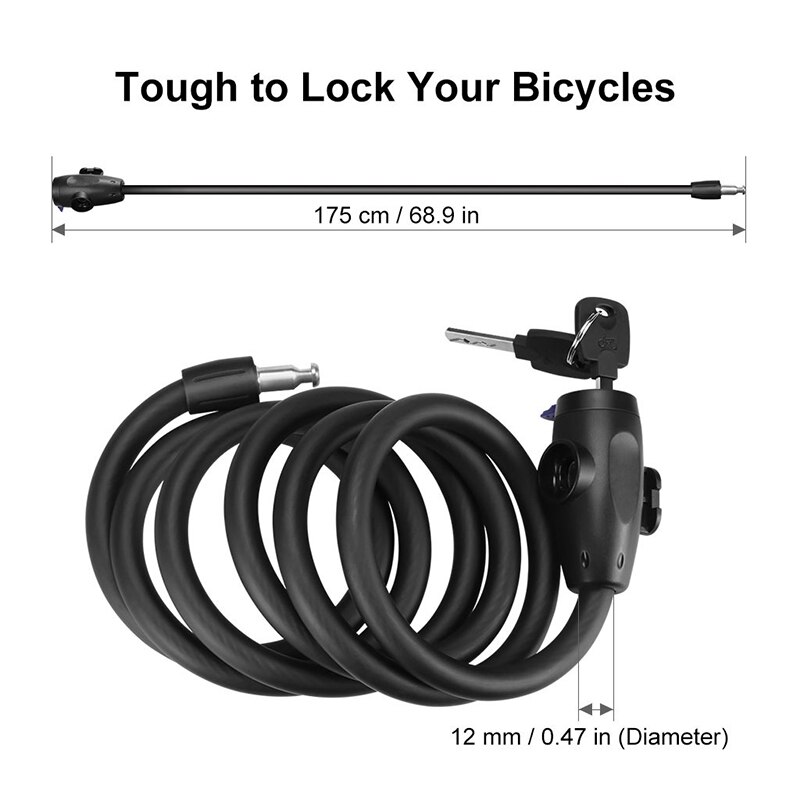 Bike Lock, Bike Locks Cable Lock Coiled Secure Keys Bike Cable Lock with Mounting Bracket,1800MM