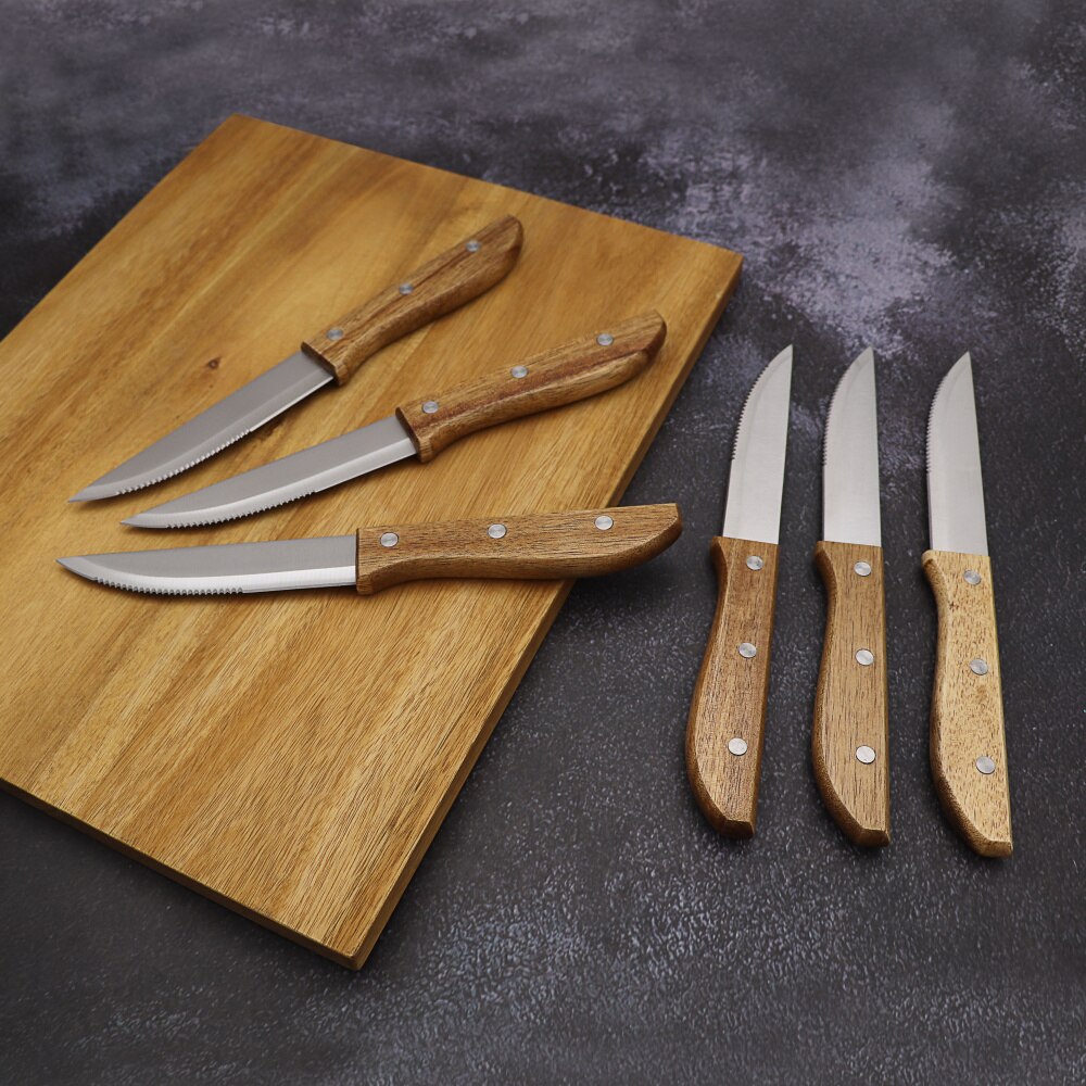 Jaswehome 6 stk/sett rustfritt stål biffknivsett biffkniver med treskaft bordkniversett restaurantbestikk servise
