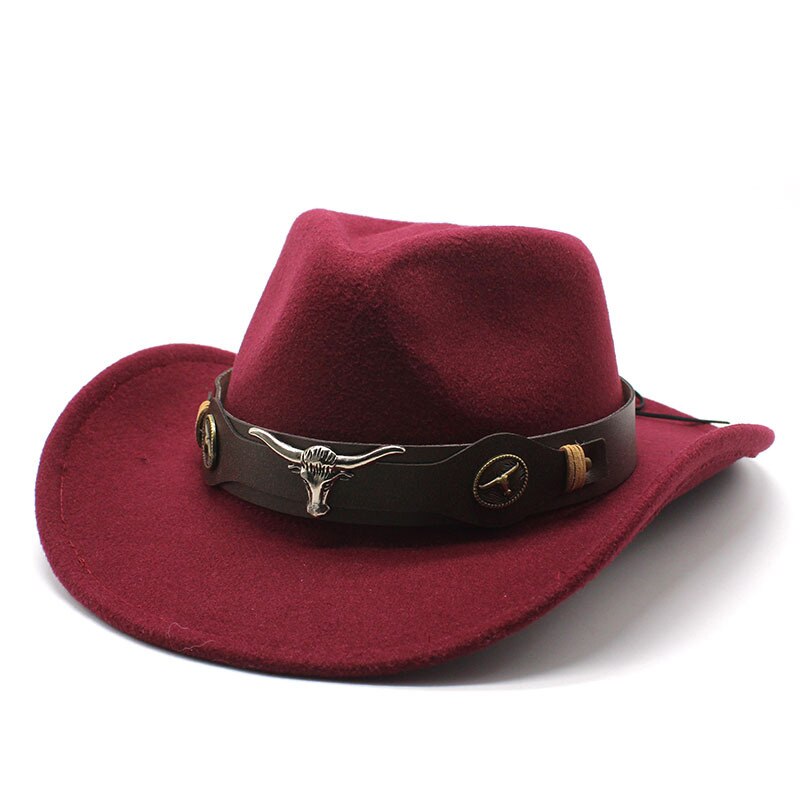 Cabeza de Vaca sombrero de Cowboy del oeste de sombrero de lana hombres borde Grande Tapa: Red Wine
