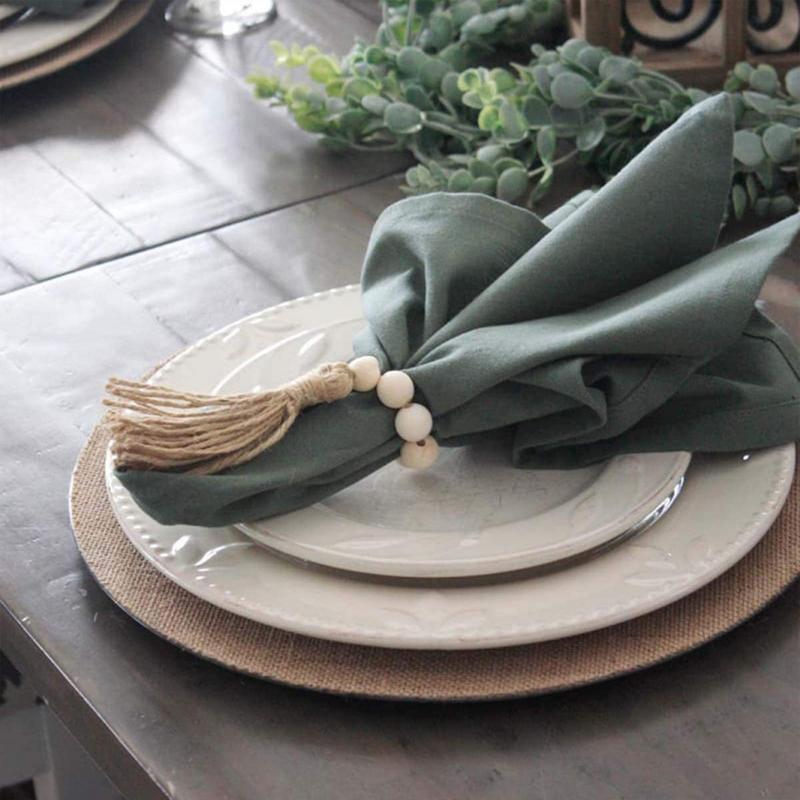 1/12PCS Wood Bead Napkin Rings Garland With Tassels Farmhouse Beads Rustic Country Table Napkin Holder Weddings Home Boho Decor