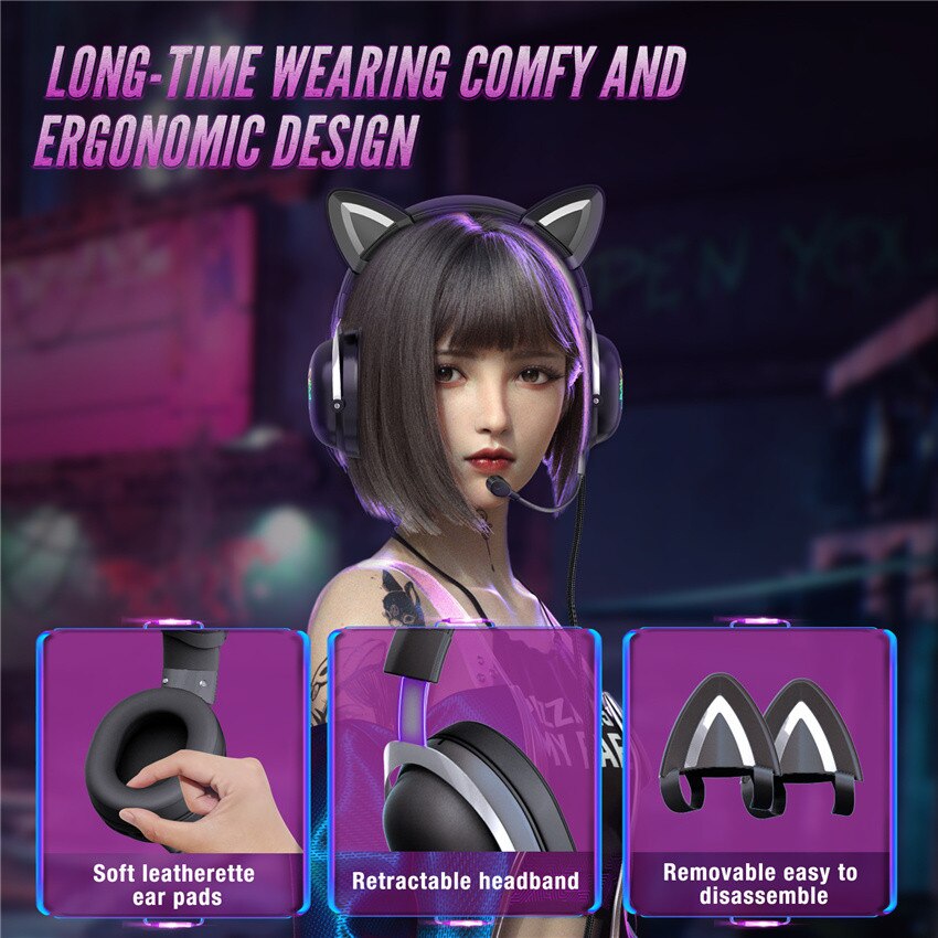 Balck Cat Ear PS4 Headset casque Wired Stereo PC Earphone Headphones with Mic & LED Light for Laptop/ PS4/Xbox One Controller