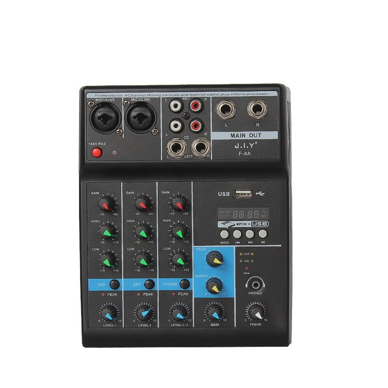 A4 Sound Mixing Console Bluetooth Record Computer Playback 48V Phantom Power Delay Repaeat Effect 4 Channels USB Audio Mixe