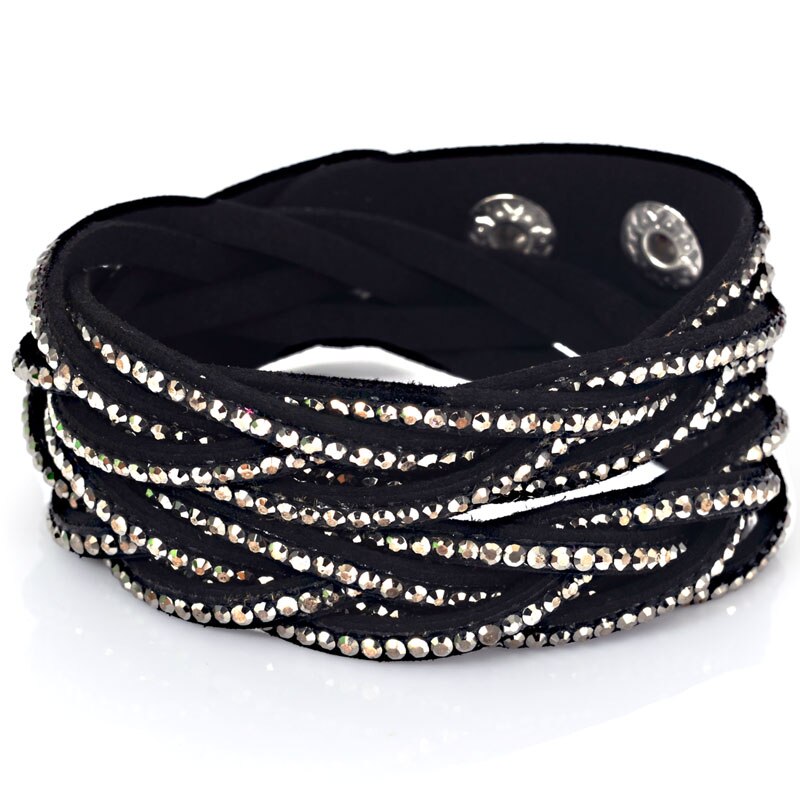 Miasol Trendy Crystal Wrap Rhinestones Braided Double Wrap Leather Charm Bracelet For Women Girl Bracelets: Black with Hematite