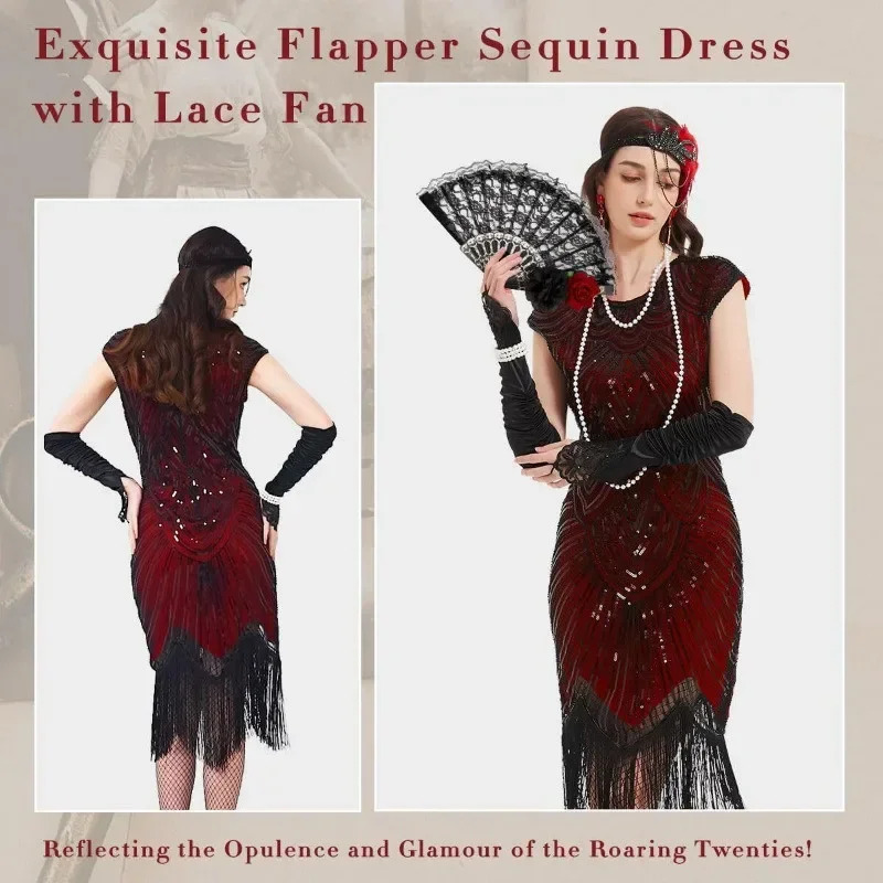 Flapper-Kleider für Damen, 1920er-Jahre, Pailletten, Fransen, Perlen, Cocktailkleid mit Rundhalsausschnitt, Roaring 20er-Jahre-Accessoires, Vintage-Spitzenkleid