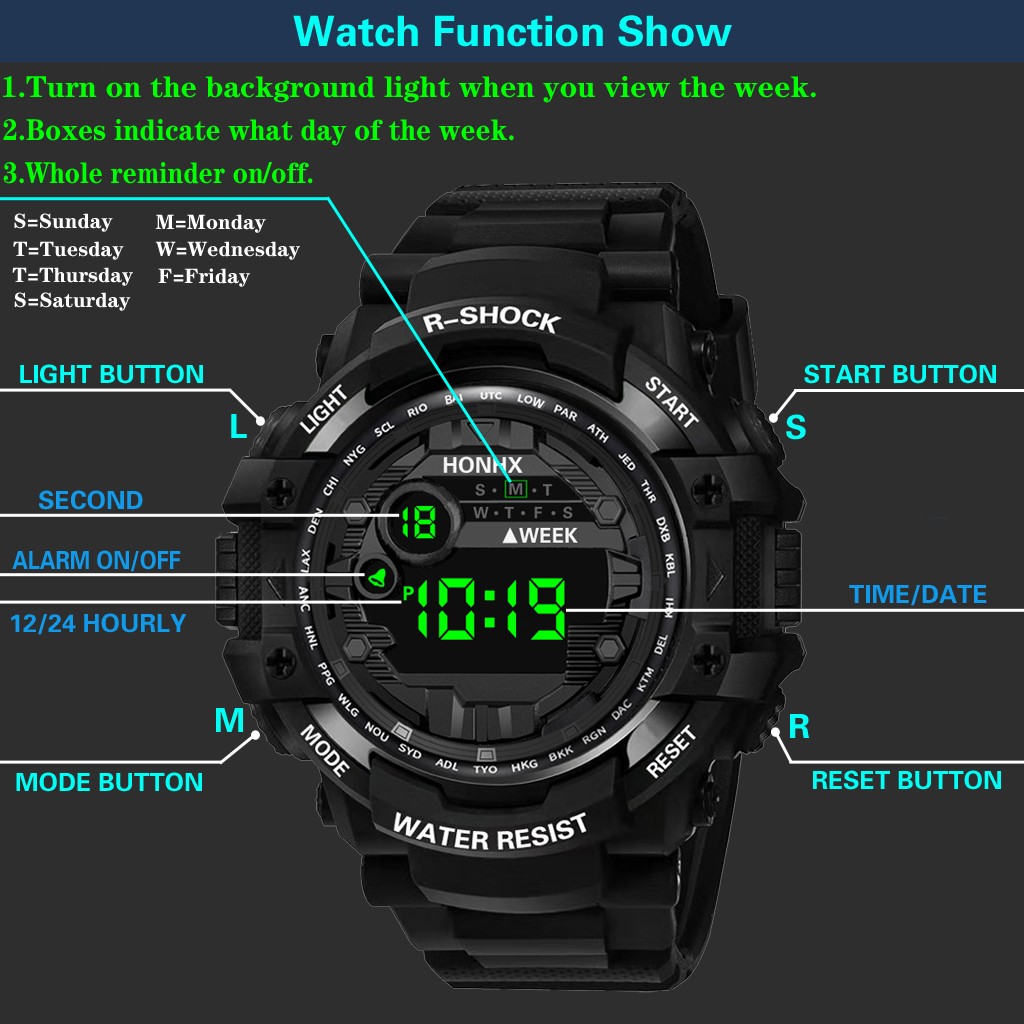 HONHX Watch Men Sport Clock Life Waterproof Men's LCD Relogio Digital Stopwatch Date TPU Strap Electronic Wristwatch Reloj 40*