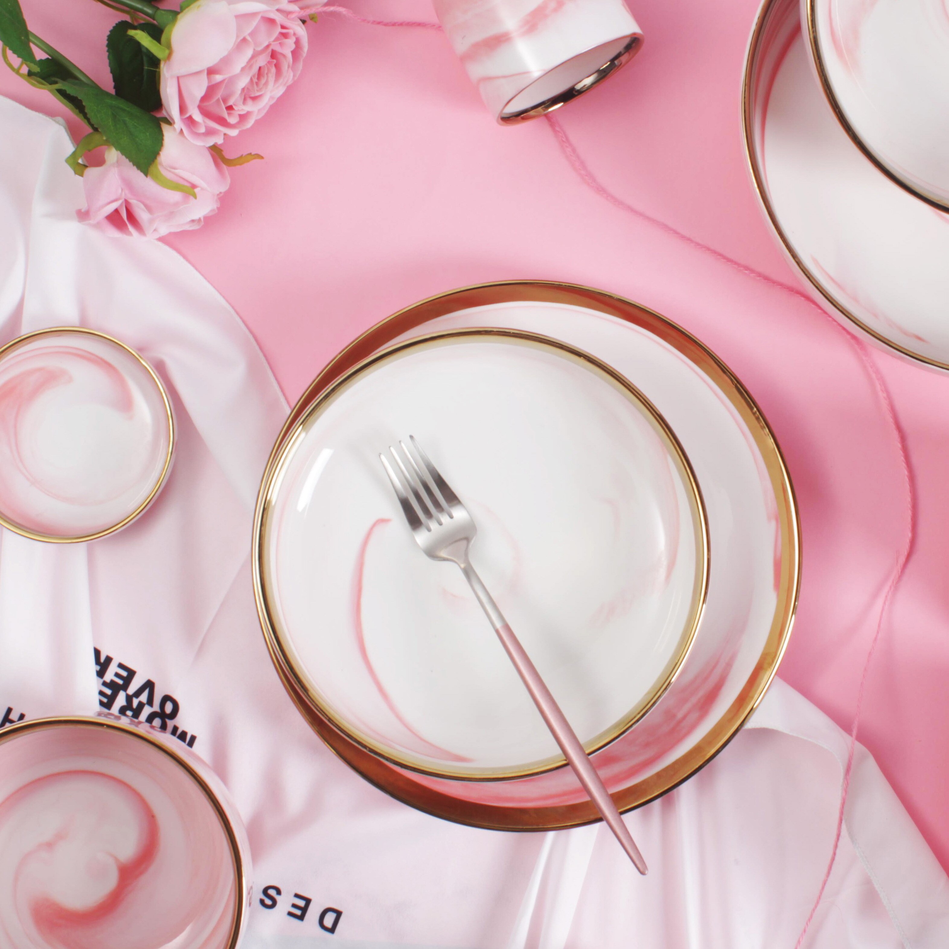 Vaaleanpunainen marmori keramiikka 1 kpl illallinen lautanen riisisalaatti nuudelit kulho keittolautaset astiasto setit kodin astiasto keittiön keittotyökalu