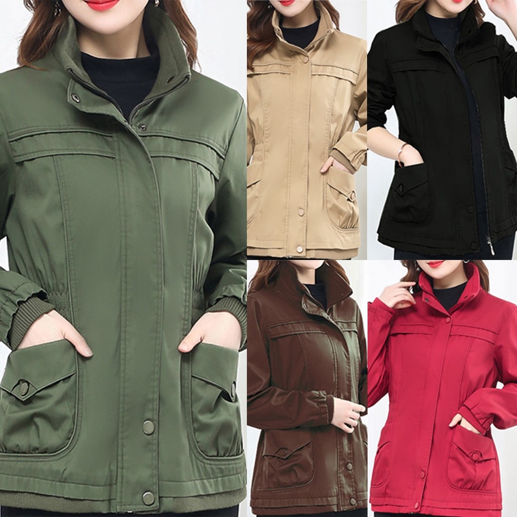 Solid Green Women Long Sleeve Jacket Windbreaker Parka Pockets Cardigan Coat Autumn Outwear Women Clothes#G30