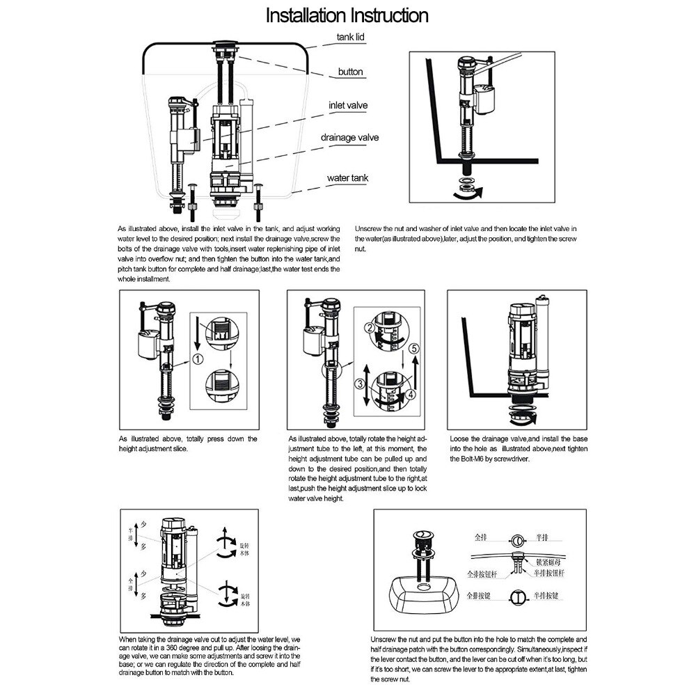 White Toilet Cistern Dual Flush Push Button Valve 25cm Height Fit for Drain Diameter 65-75mm