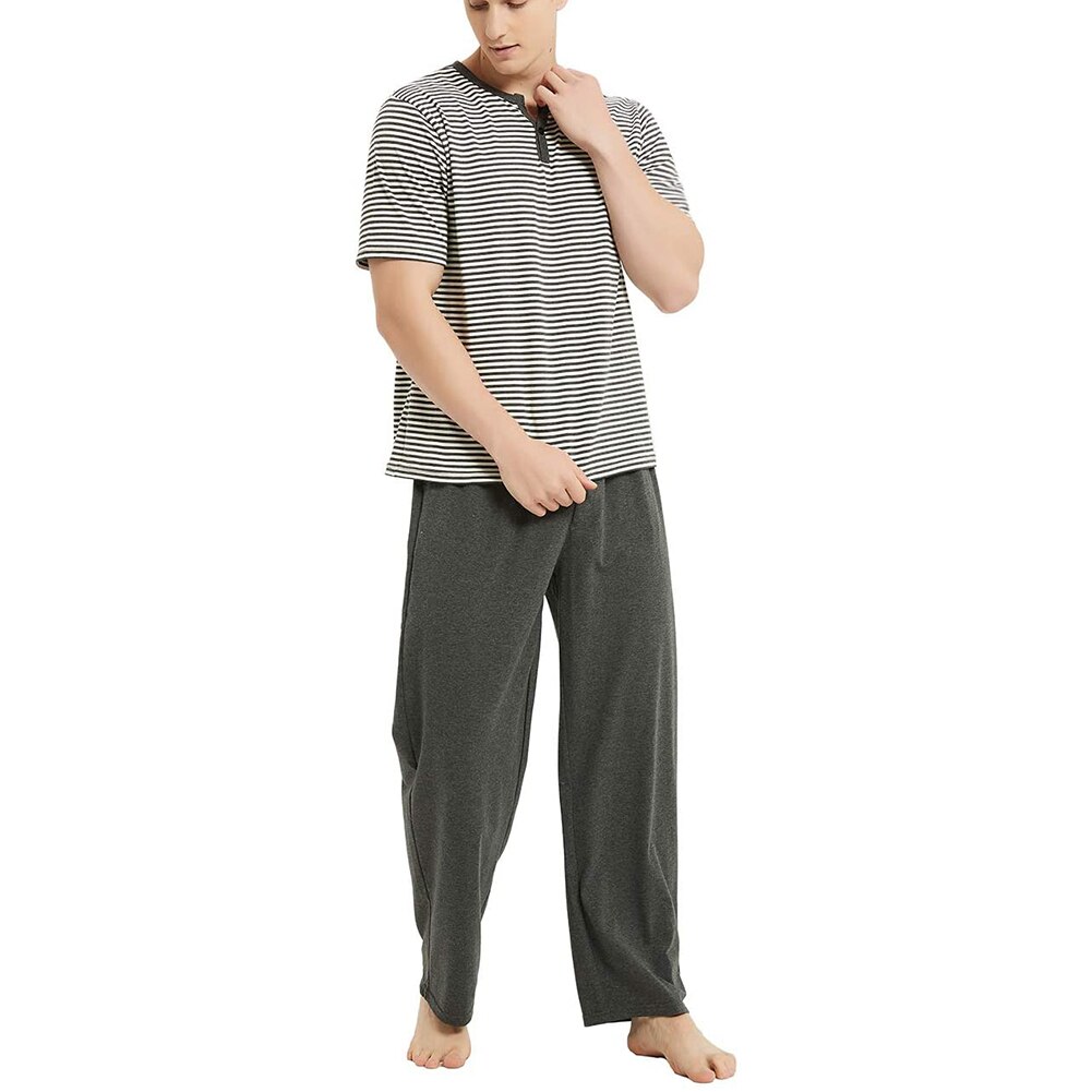 Conjunto de pijamas rayados horizontales para hombre, ropa de dormir de 2 uds, Tops de manga corta a rayas + Pantalones largos sólidos, pantalones sueltos: Gris / L