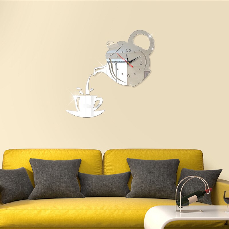 Taza de acrílico para café, tetera, 3D Reloj de pared, relojes decorativos de pared de cocina, reloj de decoración para el hogar, Relojes de pared de cocina, sala de estar