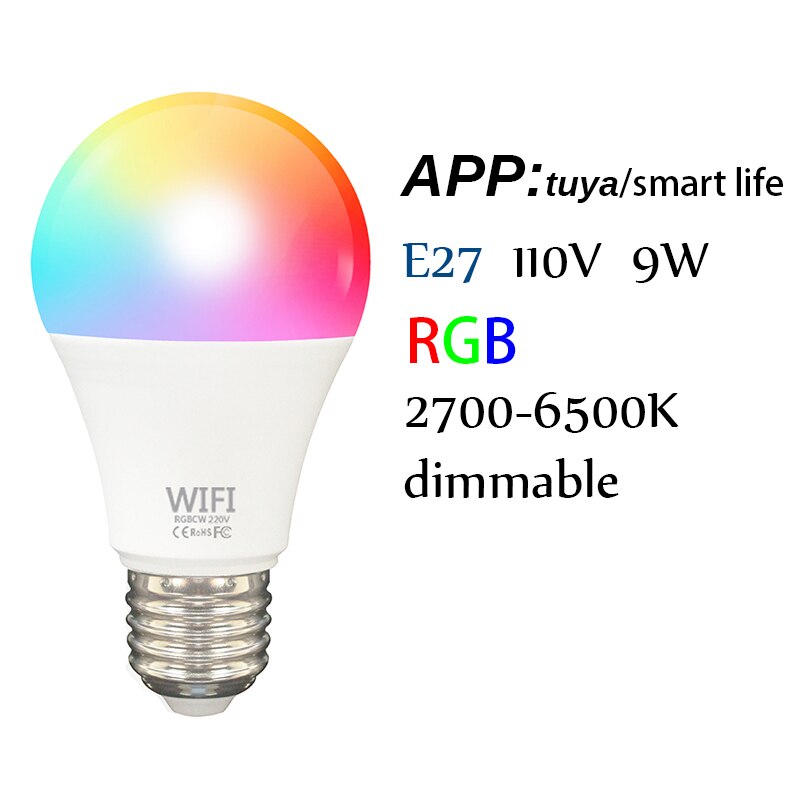 Bombilla inteligente B22 E27, foco Led regulable con Wifi, Tuya/Smart Life, Control por aplicación, funciona con Alexa y Google Home: E27 110V