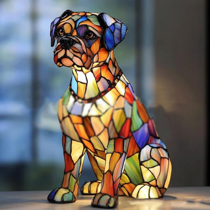 Kattelampe i farget glass, retro magisk katt i farget harpiksbordlampe - søt led-lampe med kjæledyrtema for hunde- og katteelskere: Lysegrå