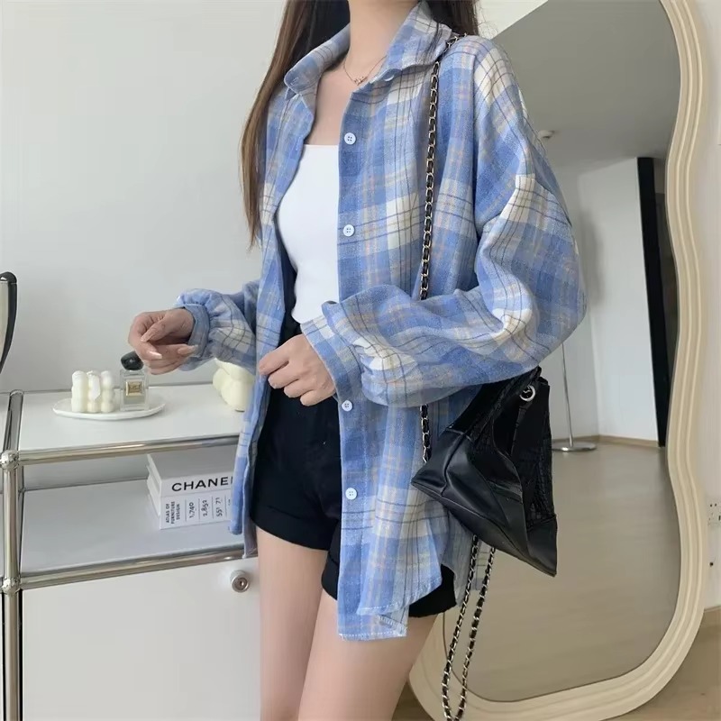 Ternet skjorte dame efterår langærmet top kvinde vintage enkeltradet bluse dame preppy stil løse ternede skjorter