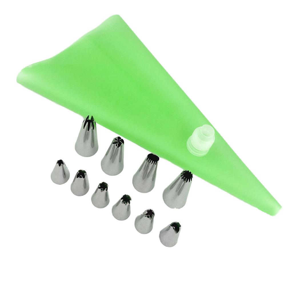 12 Stks/set Diy Cake Decoratie Tips Met Piping Tip Spuitzak Rvs Sproeier Set Voor Cake Maken Keuken Bakken gereedschap: green