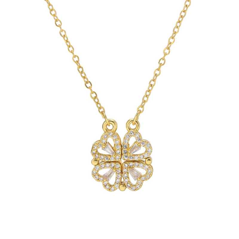 Four Leaf Clover Necklace Heart-shaped Clavicle Chain Openable Choker Jewellery: Gold-color