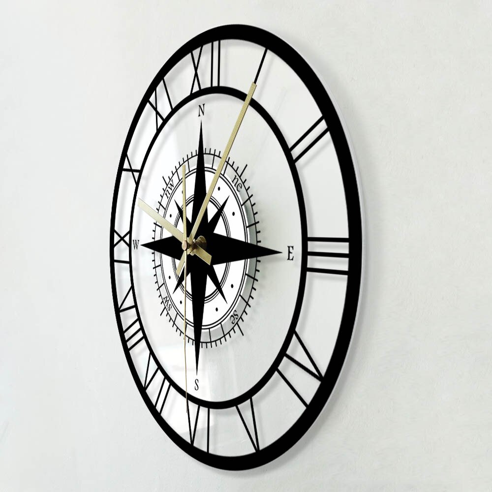 Zwarte Wind Rose Kompas Exclusieve Stille Wandklok Richting Kaart Nautische Huisinrichting Reiziger Interieur Retro Muur Horloge