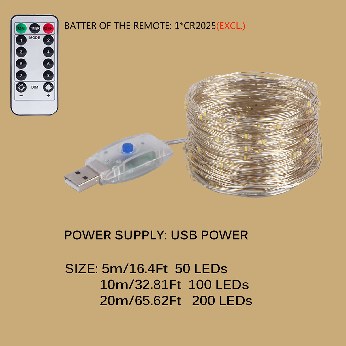5m 10m 20m ledet-lyslenker juletrelys usb-batteri fjernkontroll girlander kobbertråd ledet-lampe til bryllupsfestdekor