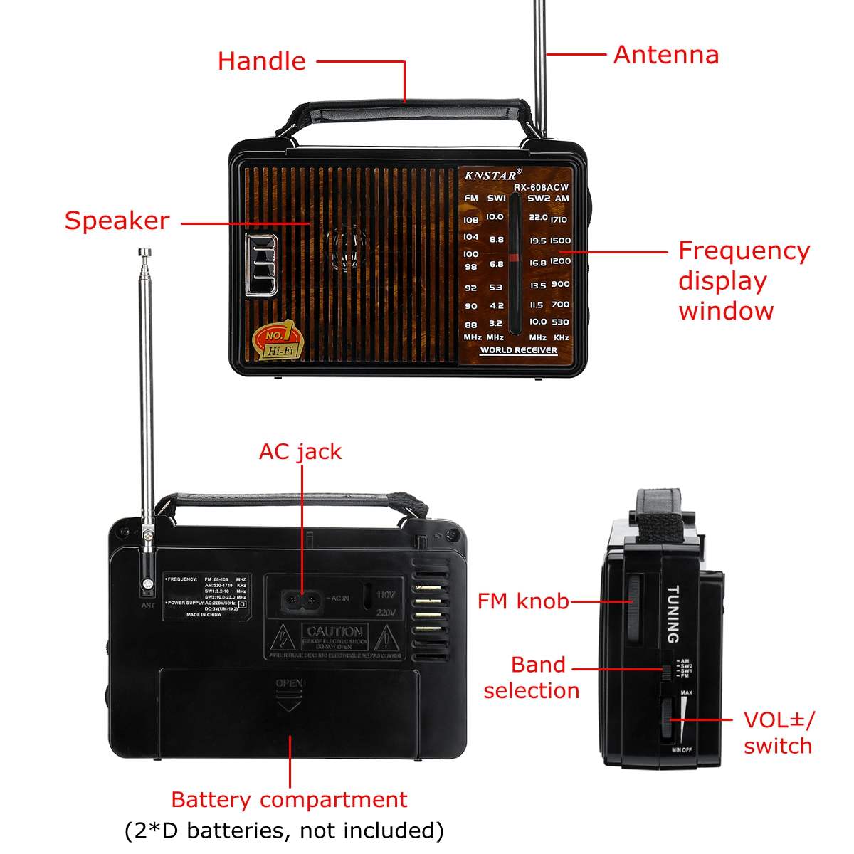 LEORY RX-608AC DC 3V Portable Full Channel Retro Radio High Sensitivity FM AM SW1 SW2 Radio 4 Band Radio for Old People