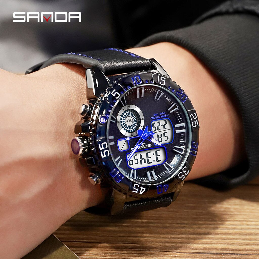 Sport Männer Uhren Wasserdicht Dual Display Analog Digital LED Männlichen Leder Strap Elektronische Handgelenk Uhr Reloj Hombre homme