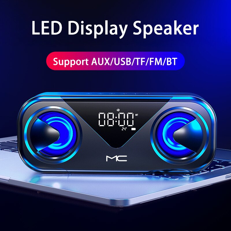 Horloge LED haut-parleurs Bluetooth portables en plein air sans fil stéréo basse colonne Subwoofer barre de son Support TF carte AUX USB mains libres