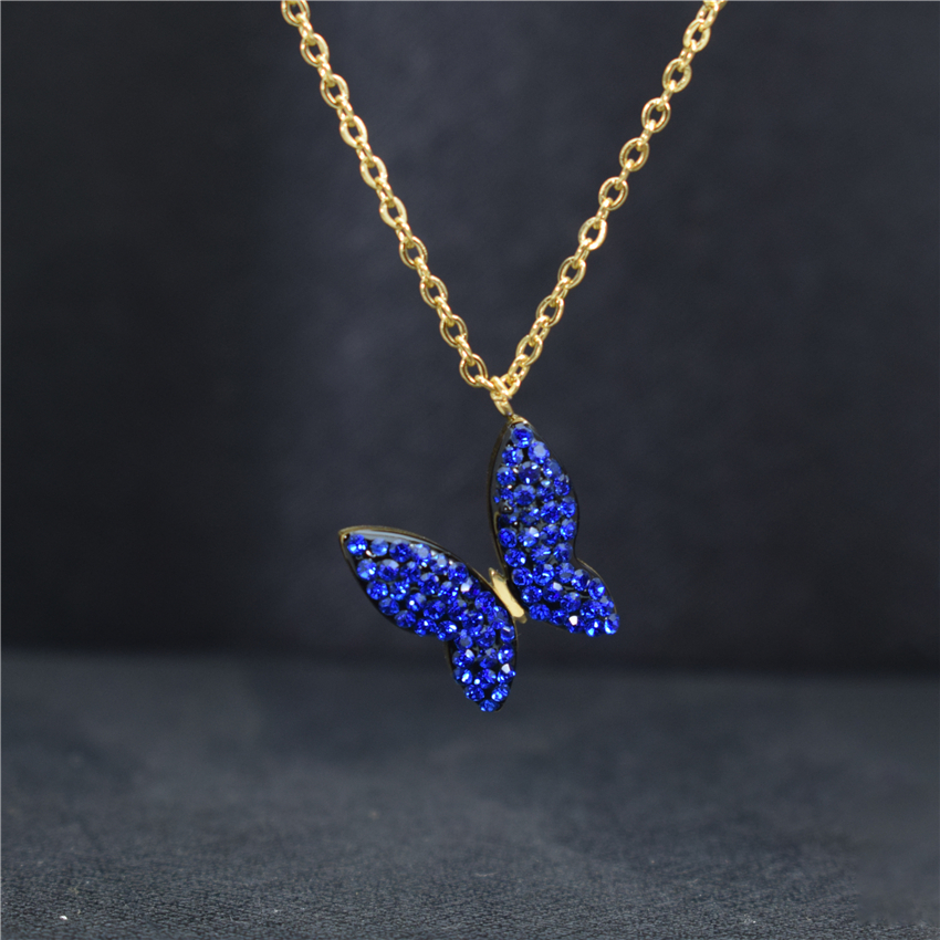 Unique Stainless Steel Gold Chain CZ Blue Butterfly Necklace For Women Bijoux Femme Pineapple Choker Necklaces Birthday BFF