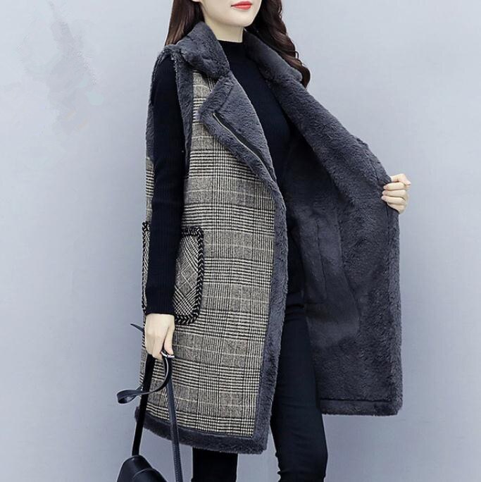 Herfst winter geruite lange wollen vest dames plus fluwelen dikke gilet plus size mouwloze jas vest dames jas l /5xl k1342