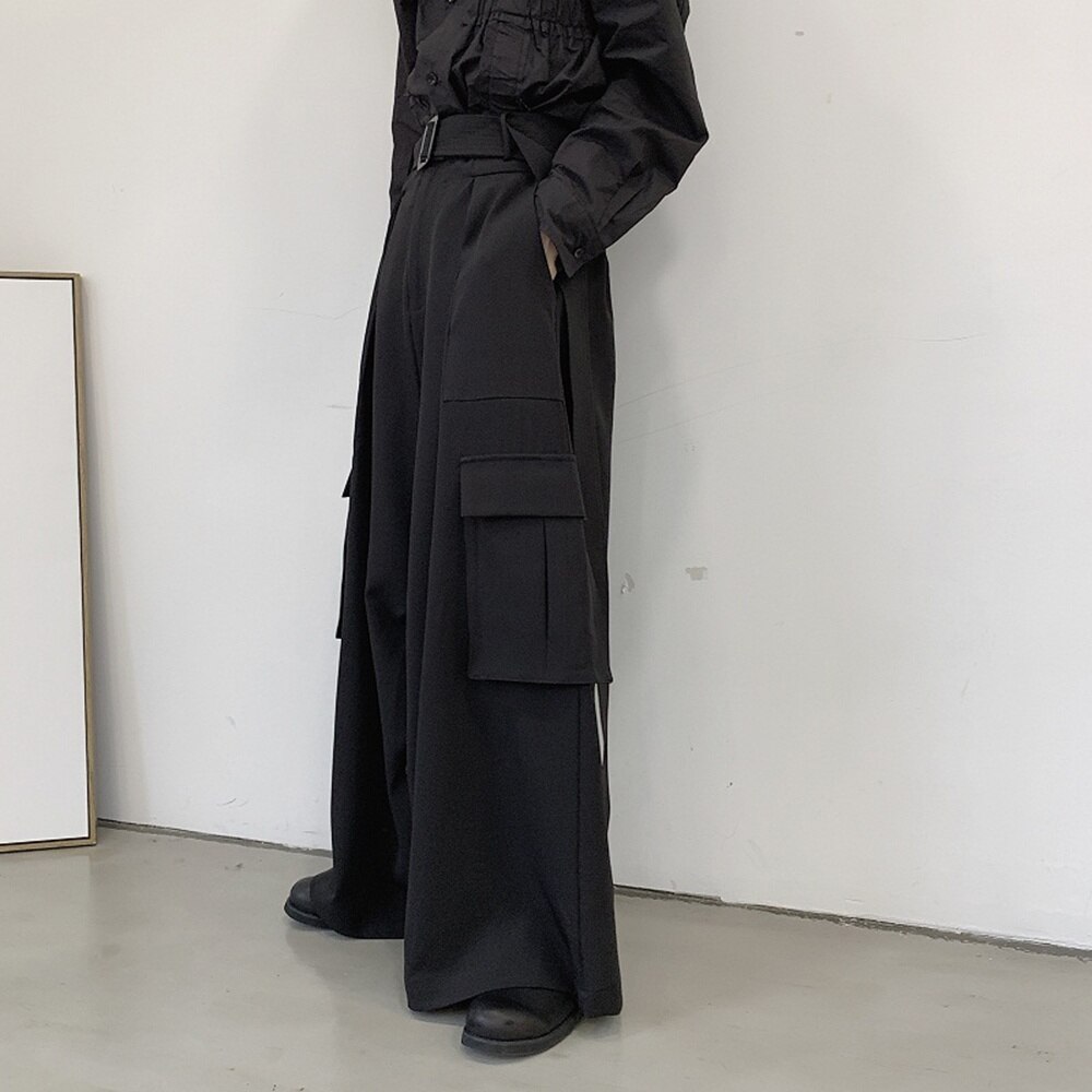 Men High Waisted Wide Leg Pants Loose Gothic Pocket Kendo Hakama Trousers Black Pants 903-B567